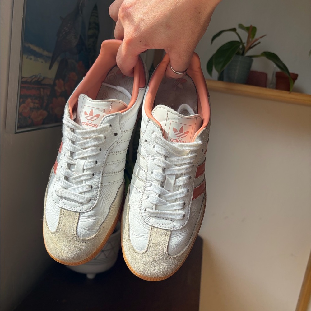 adidas Samba White with Coral/Pale Pink Stripes and Gum Sole - Picture 2 of 9